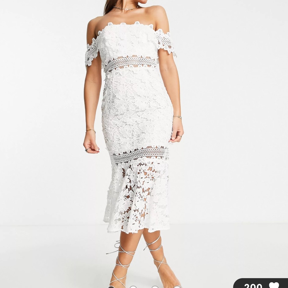 ASOS Design Bardot midi dress with pep hem in guipure lace-Like New!!